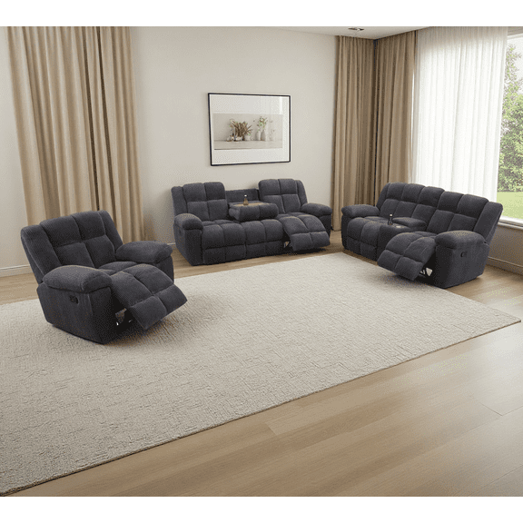 Manual Reclining Sofa Set,Corduroy Recliner Sofa Set with Super Soft Cushion/Storage Console/Drop-down Table/Cup Holders,Recliner Couch Set for Living Room/Theater Seating/Office(3Pcs Set,Gray)