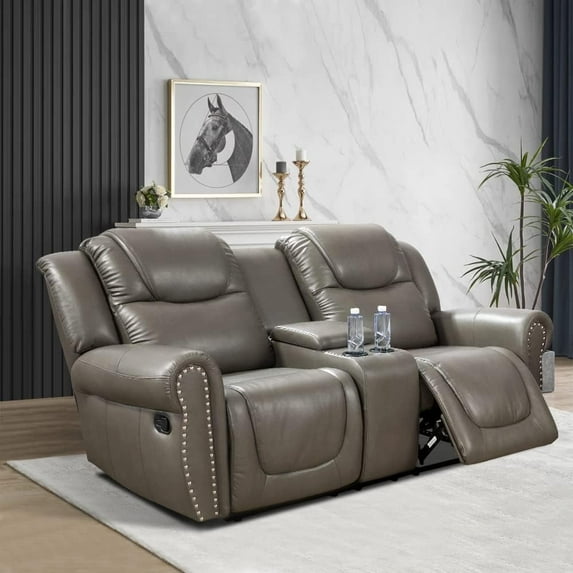 Manual Rivet Decorate Reclining Living Room Furniture Breathable Leather 2 seats Loveseat