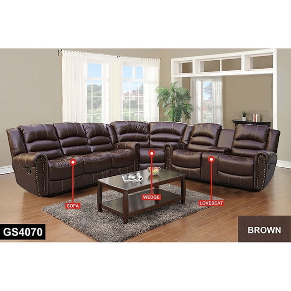 Pon Living Furniture Inc Manual Rivet Decorated Leather Reclining 3-Seats Sofa