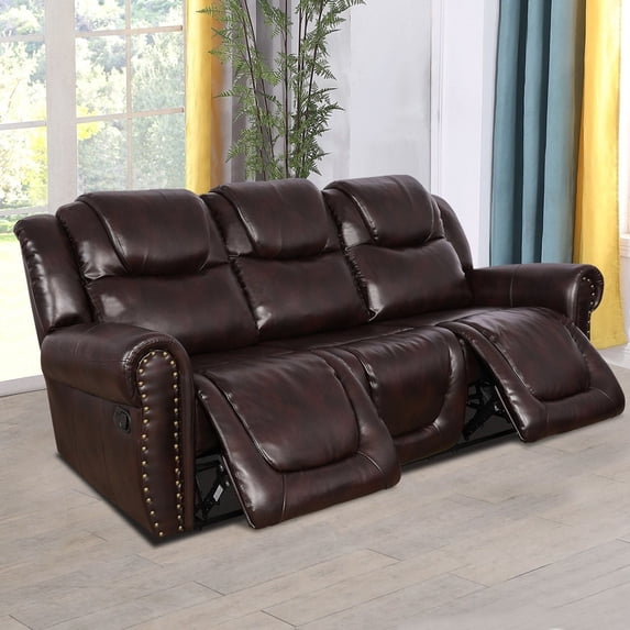 Manual Rivet Decorate Reclining Living Room Furniture Breathable Leather 3 seats Sofa