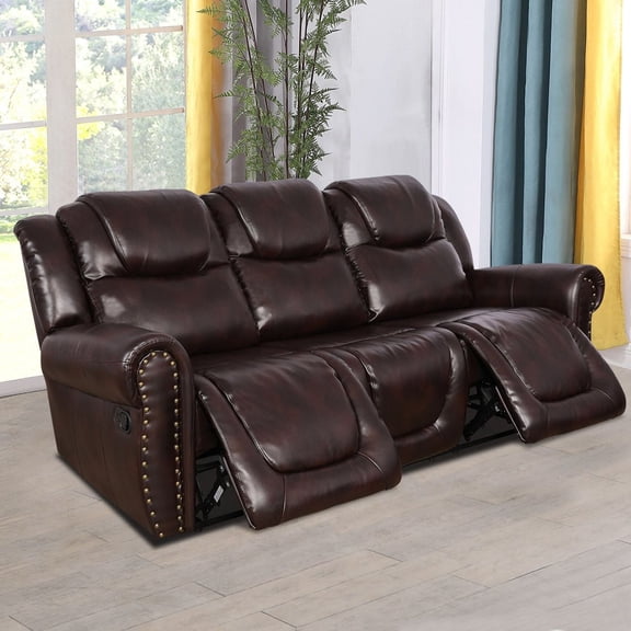 Manual Rivet Decorate Reclining Living Room Furniture Breathable Leather 3 seats Sofa