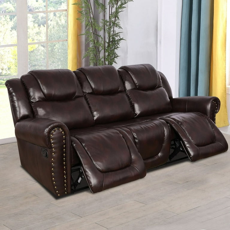 Manual Rivet Decorate Reclining Living Room Furniture Breathable Leather 3 seats Sofa Walmart