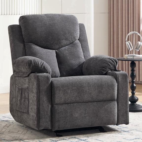 Manual Rocker Recliner Chair for Adults with Vibration Massage,Glider Rocking Recliner Chairs for Living Room Bedroom Overstuffed Soft Reclining Sofa Chair with Pockets and Cup Holds (Dark Grey)