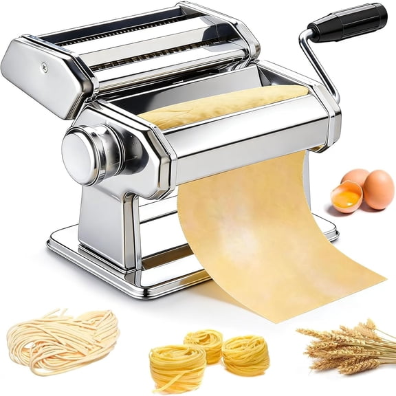 Manual Roller Pasta Maker | Stainless Steel Pasta Machine For Spaghetti, Linguine, Fettuccine, Lasagne | Includes Dough Cutter & Hand Crank