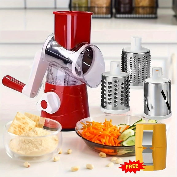 Manual Rotary Food Chopper with 3 Blades - Vegetable Slicer, Cheese Grater, Nut Grinder, Strong Suction Base & Ergonomic Handle