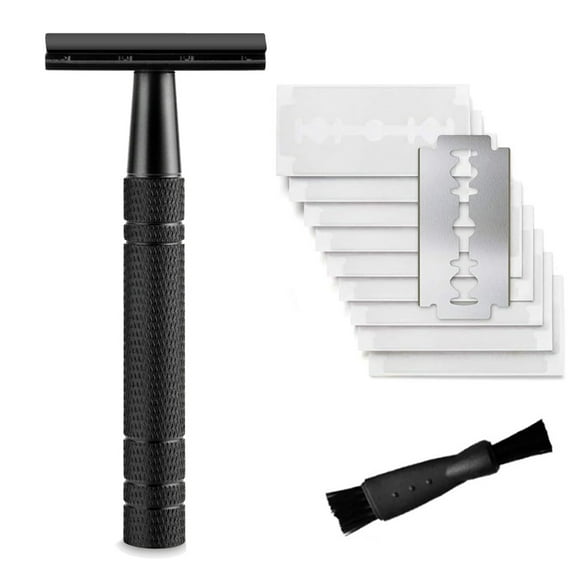 Manual Safety Razor - Long Handle Traditional Shaving Razor, Matte Black (Includes 10 Blades)