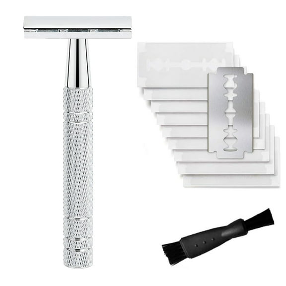 Manual Safety Razor - Long Handle Traditional Shaving Razor, Silver (Includes 10 Blades)