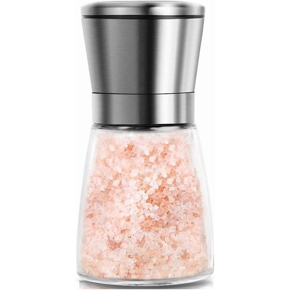 Manual Salt or Pepper Grinder for Professional Chef, Best Spice Mill with Stainless Steel Cap, Ceramic Blades and Adjustable Coarseness, Refillable Glass Body with 6OZ Capacity