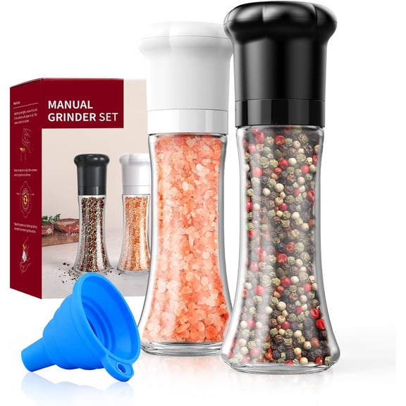 Manual Salt and Pepper Grinder Set For Professional Chef, Refillable Salt and Pepper Shakers with Ceramic Blades, Adjustable Coarseness and BPA-free 180ml Glass Container, Tall Black White