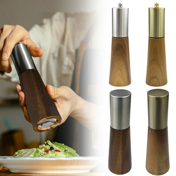 Manual Salt and Pepper Grinder Set Adjustable Thickness Mill with Wood Base & Stainless Steel Shaker for Kitchen Use