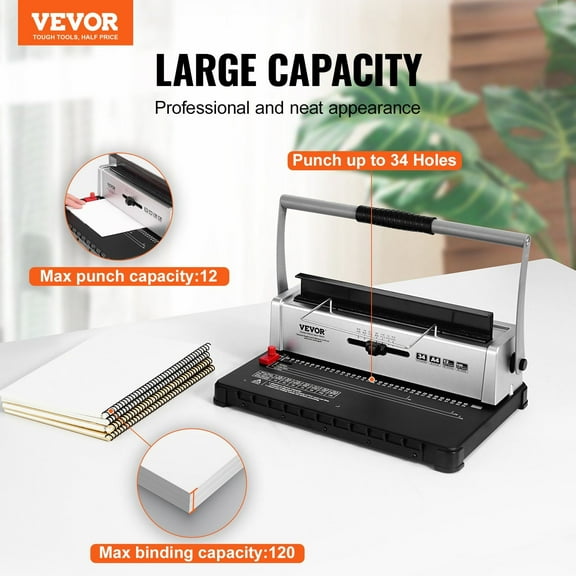 Manual Spiral Binding Machine 34-Holes, Coil Book Binder 120 Sheets, Adjustable 3/16"-9/16" Plastic Coils, Side Margin for Letter A4 A5