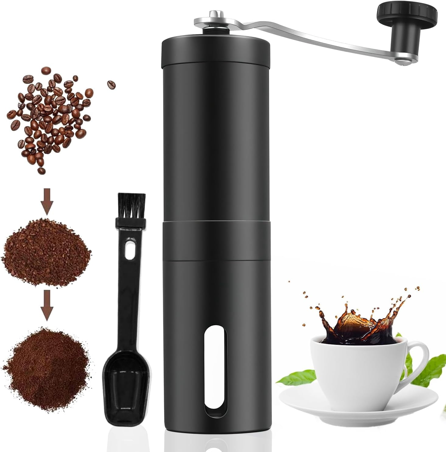 Manual Stainless Steel Coffee Grinder, Coffee Bean Grinder with Adjustable Ceramic Burr, Portable for Office, Home, Camping (Black)