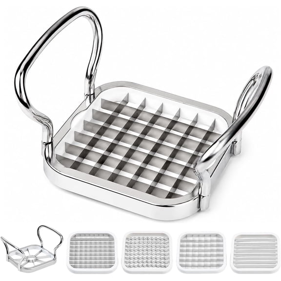 Manual Stainless Steel French Fry Cutter with 5 Interchangeable Blades, Hand Press Potato & Vegetable Slicer, Compact Multi-Size Veggie Chipper with Raised Handles for Home Kitchen