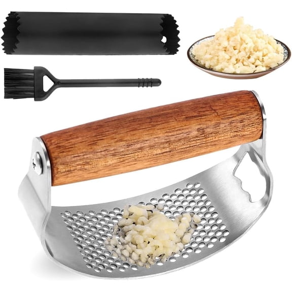 Manual Stainless Steel Garlic Press Rocker, Crusher Masher with Peeler, Drum Brush for Kitchen