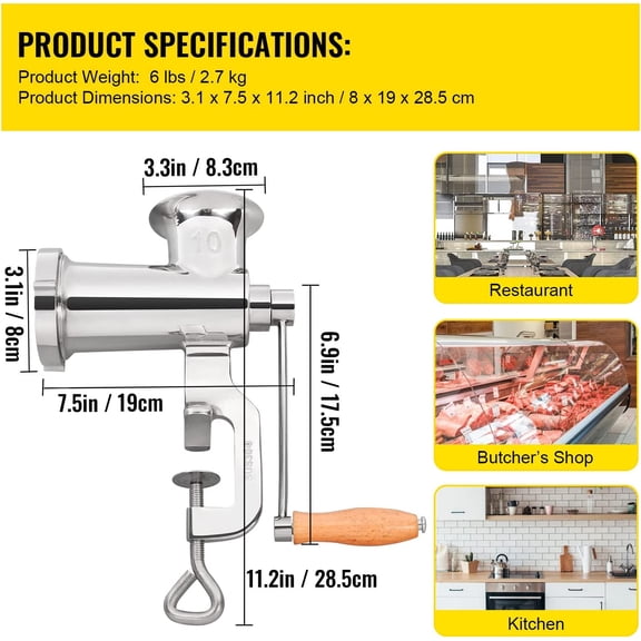 Manual Stainless Steel Meat Grinder, 1.8" Clamp, 2 Grinding Plates, Sausage Stuffer, Ideal for Home Kitchen Restaurant Butcher’s Shop