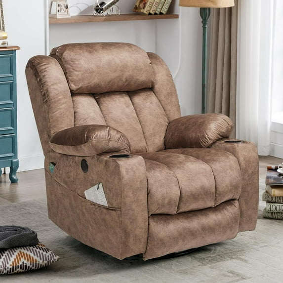 Manual Swivel Glider Rocker Recliner Chair with Heated Massage, 360° Swivel Overstuffed Lounge Chair with 2 Cup Holders, Side Pockets & USB Ports for Living Room, Fabric Brown