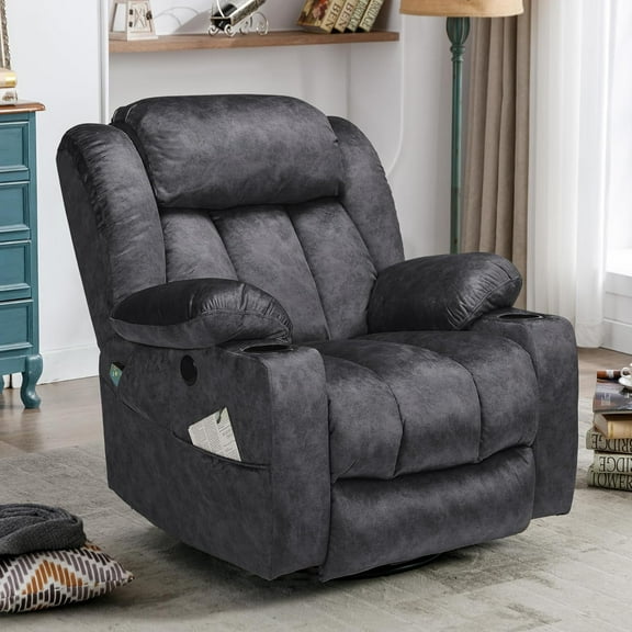 Manual Swivel Glider Rocker Recliner Chair with Heated Massage, 360° Swivel Overstuffed Lounge Chair with 2 Cup Holders, Side Pockets & USB Ports for Living Room, Fabric Gray