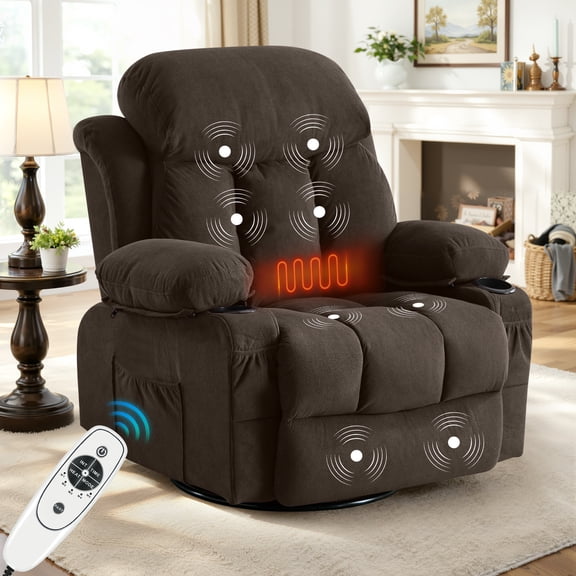 Legahome Swivel Rocker Recliner, 30° Rocking Recliner with Massage and Heat, 360° Rotating Glider Recliner for Nursery, 24.4in Wide Seat Velvet Home Theater Recliner for Living Room, Brown