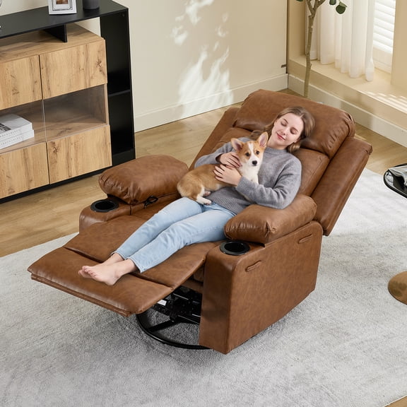 Manual Swivel Recliner Chair with Massage and Heat for Adults, Brown PU Leather