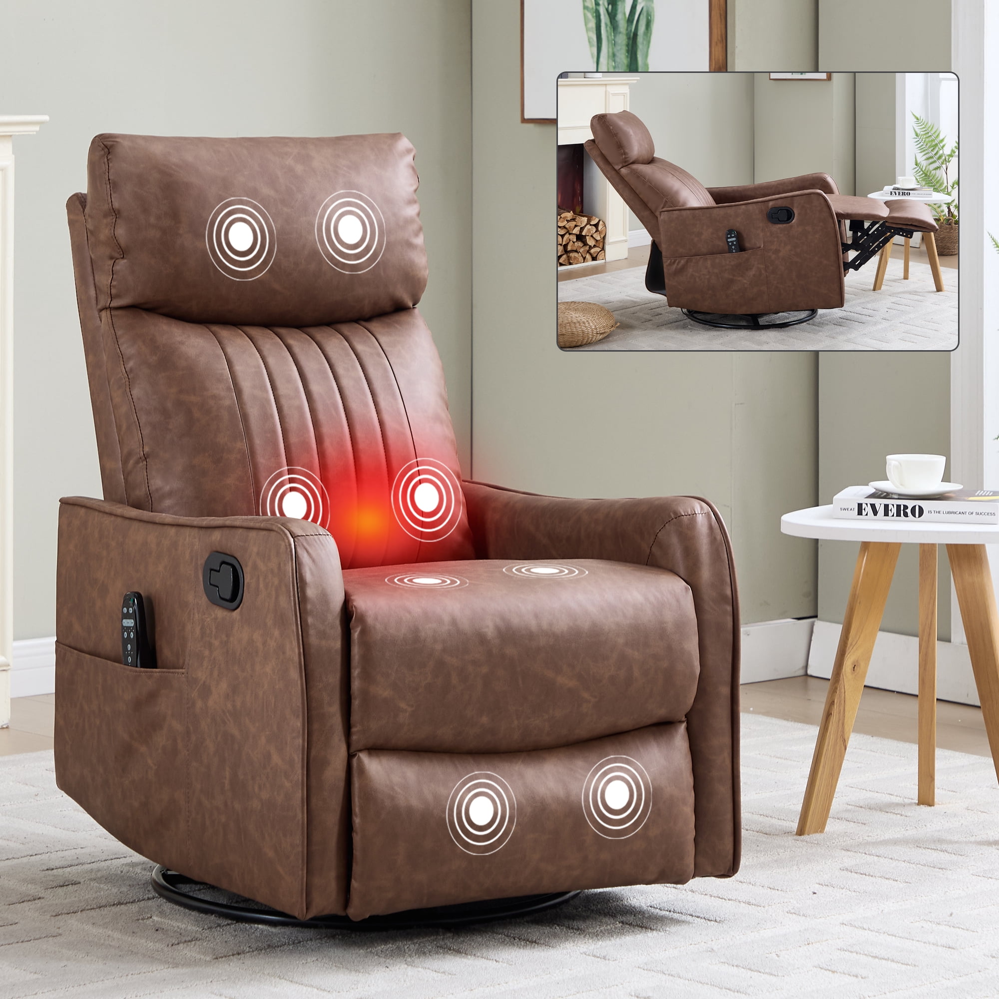 Leumius Manual Swivel Rocker Recliner Chair for Adults,Overstuffed Reclining Glider Chair with Vibration Massage & Heat,Upholstered Recliners with Side Pockets for Living Room,Brown PU