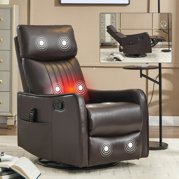 Leumius Manual Swivel Rocker Recliner Chair for Adults,Overstuffed Reclining Glider Chair with Vibration Massage & Heat,Upholstered Recliners with Side Pockets for Living Room,Dark Brown PU