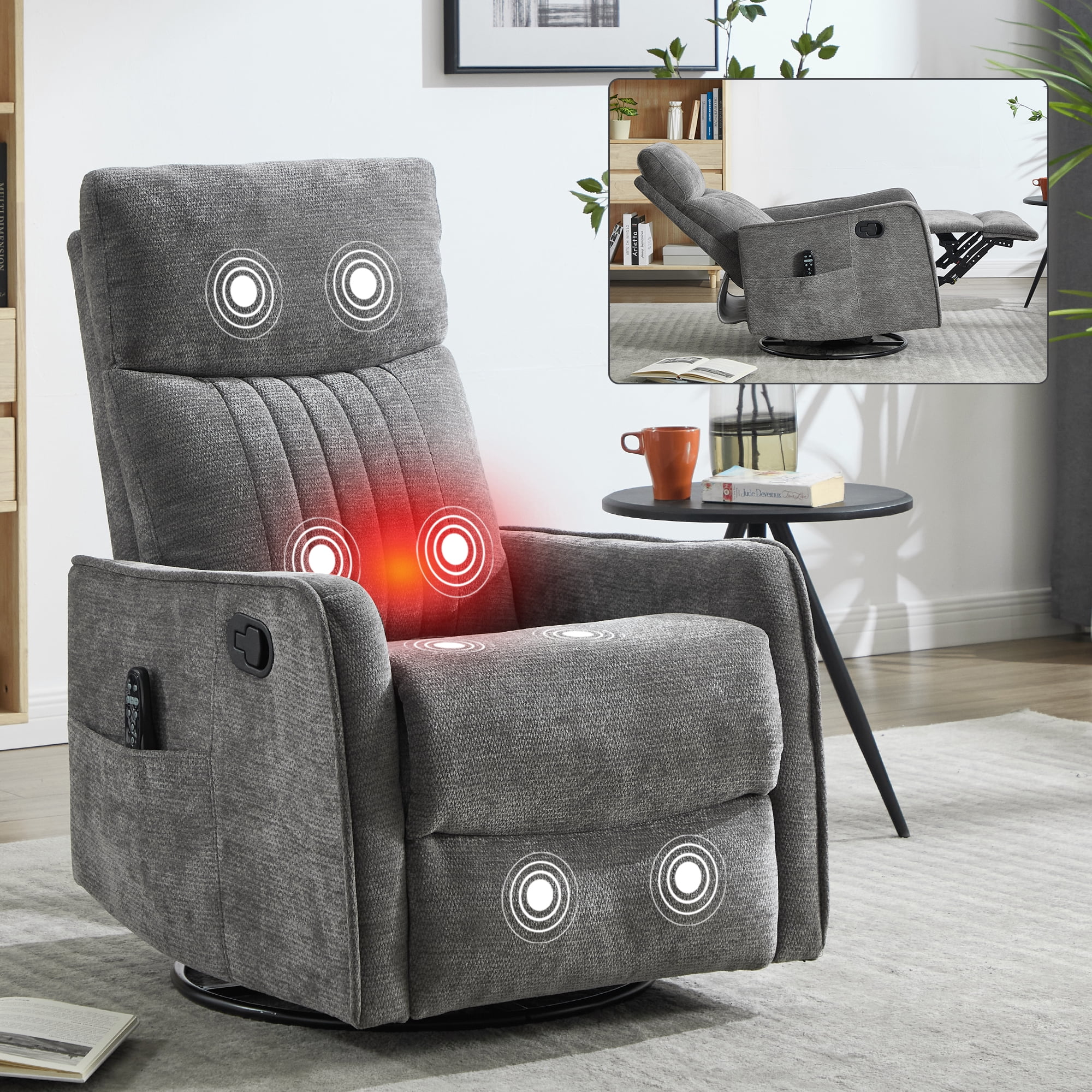 Leumius Manual Swivel Rocker Recliner Chair for Adults,Overstuffed Reclining Glider Chair with Vibration Massage & Heat,Upholstered Recliners with Side Pockets for Living Room,Dark Gray Chenille