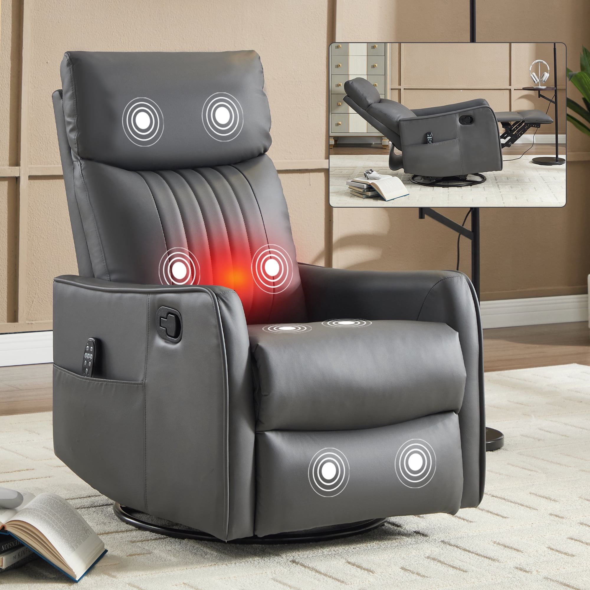 Leumius Manual Swivel Rocker Recliner Chair for Adults,Overstuffed Reclining Glider Chair with Vibration Massage & Heat,Upholstered Recliners with Side Pockets for Living Room,Grayish Green PU
