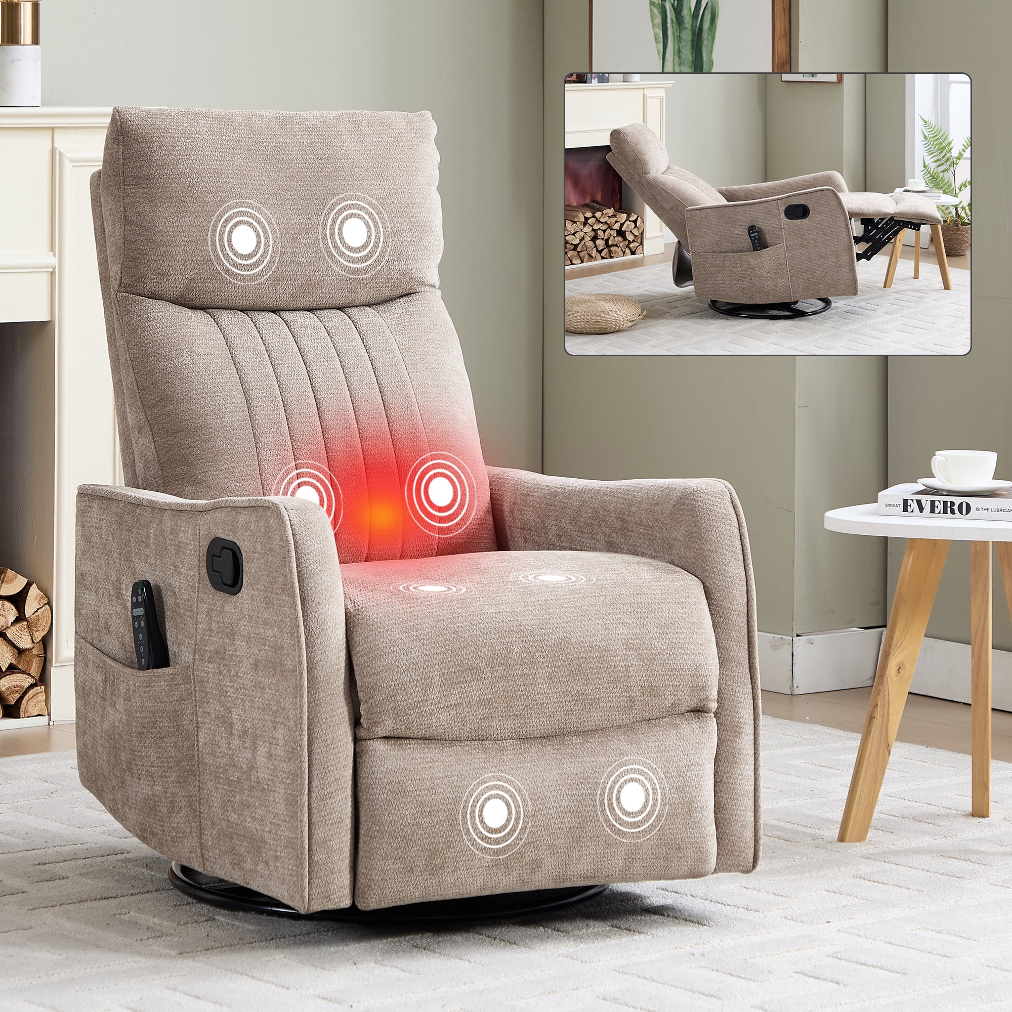 Leumius Manual Swivel Rocker Recliner Chair for Adults,Overstuffed Reclining Glider Chair with Vibration Massage & Heat,Upholstered Recliners with Side Pockets for Living Room,Khaki Chenille