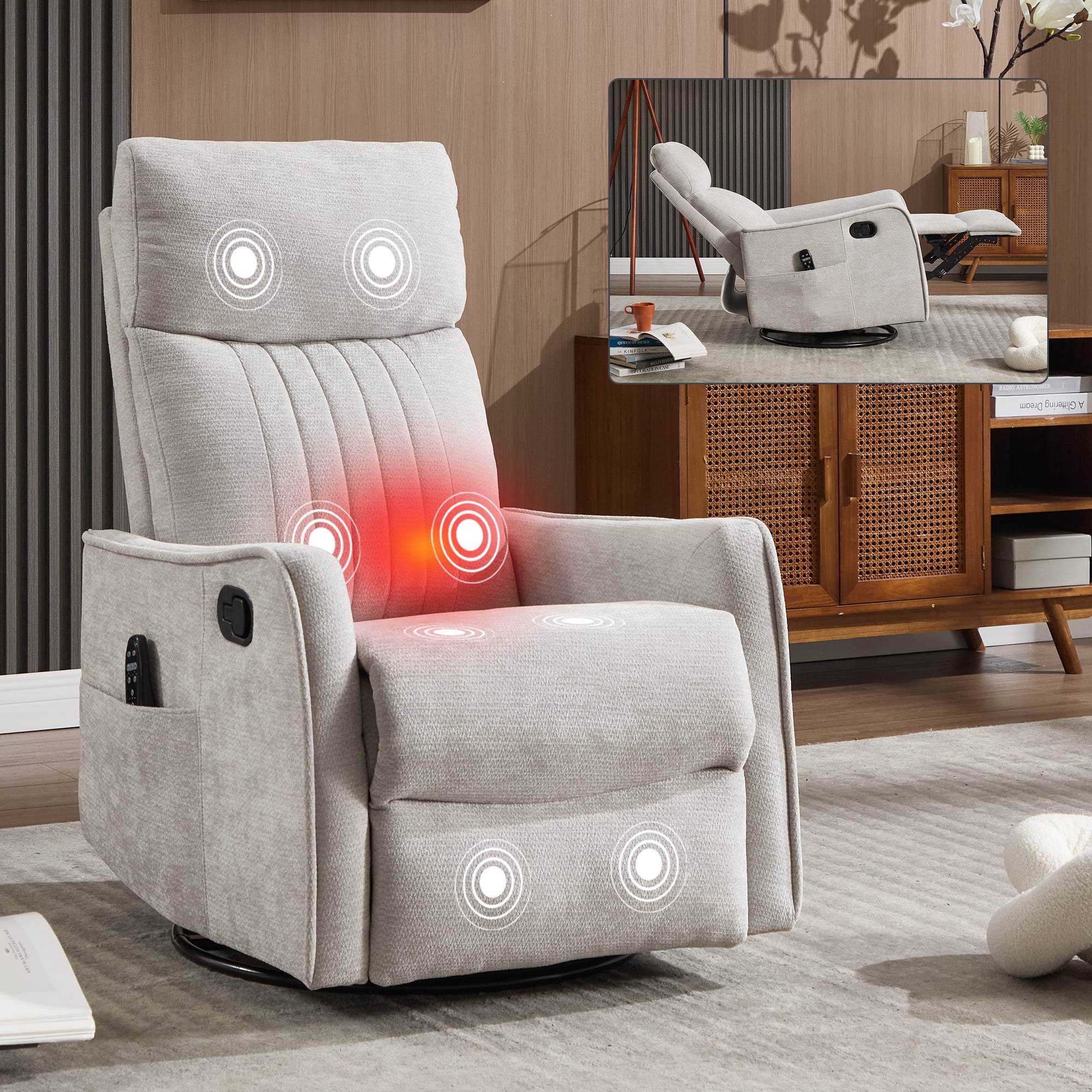 Leumius Manual Swivel Rocker Recliner Chair for Adults,Overstuffed Reclining Glider Chair with Vibration Massage & Heat,Upholstered Recliners with Side Pockets for Living Room,Light Gray Chenille