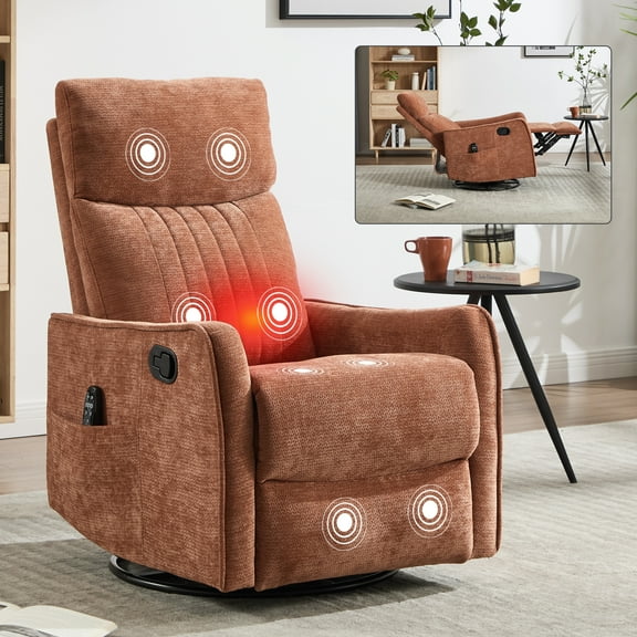 Leumius Manual Swivel Rocker Recliner Chair for Adults,Overstuffed Reclining Glider Chair with Vibration Massage & Heat,Upholstered Recliners with Side Pockets for Living Room,Orange Chenille