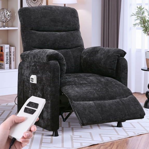 Power Recliner Chair, Holaki Electric Power Recliner with Side Pocket and Remote, Modern Chenille Fabric Recliner Chairs for Adults, Small Recliner for Small Space Nursery Living Room, Black