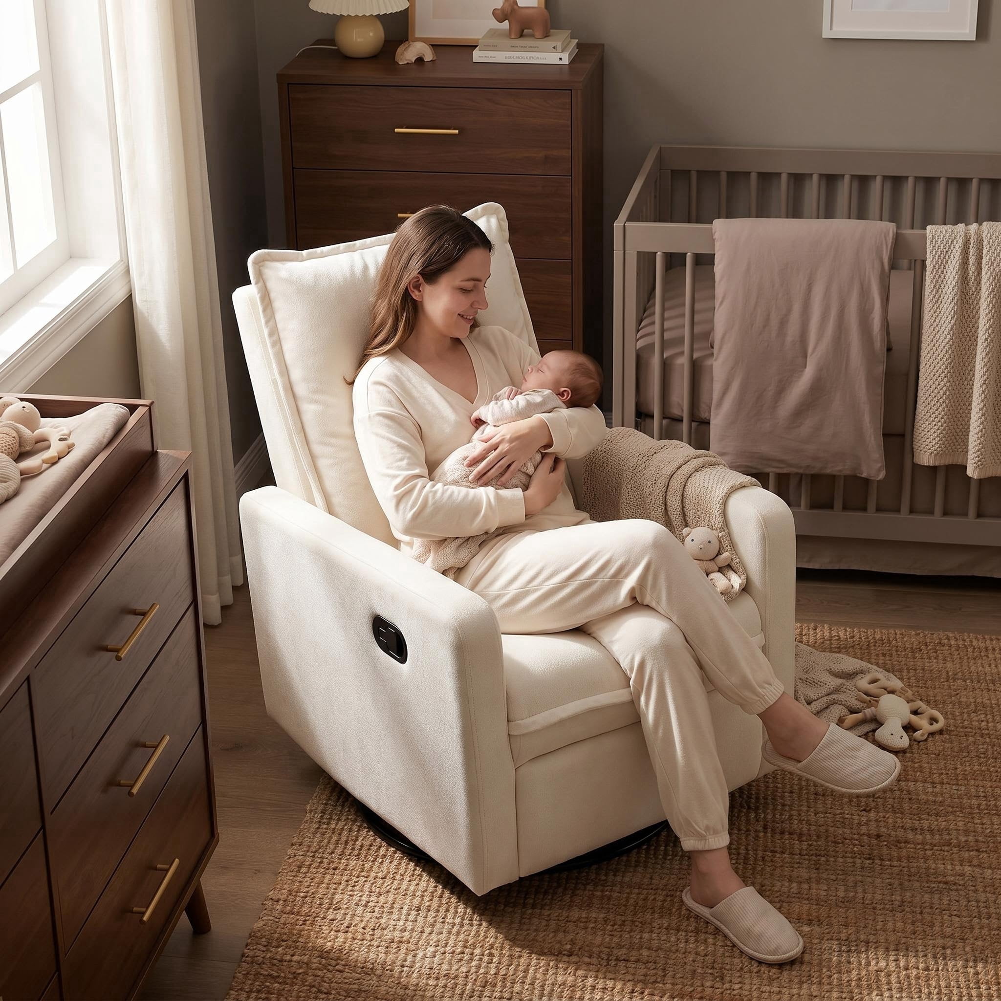 Manual Swivel Rocking Recliner for Adults, Small Plush Wall Hugger Reclining RV Chair, Glider Swivel Recliner Chair with Foot Rest for Nursery, Living Room and Small Places