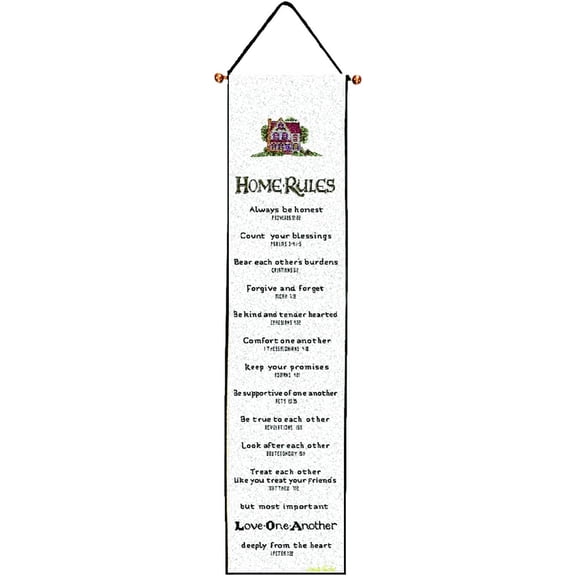 Manual Tapestry Bell Pull Wall Hanging Home Rules with Verse 9 x 41 Inch