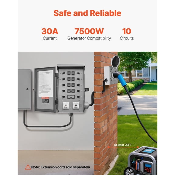 Manual Transfer Switch,30-Amp 10-Circuit,Prewired Generator Transfer Switch Kit with NEMA L14-30P Power Inlet Box,Double-Throw Switch,NEMA 3R,Mechanical Watt Meter,for 7500W Generators