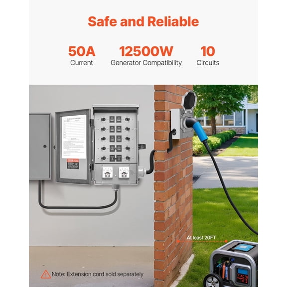Manual Transfer Switch,50-Amp 10-Circuit,Prewired Generator Transfer Switch Kit with CS6375 Plug Power Inlet Box,Double-Throw Switch,NEMA 3R,Mechanical Watt Meter,for 12500W Generators