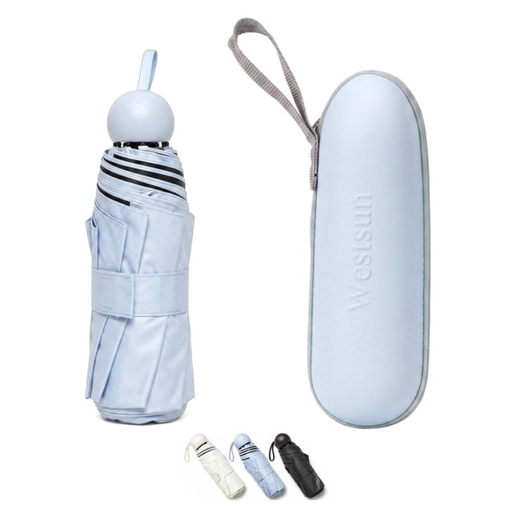 Westsun Travel Umbrella with Capsule Case, UPF 50+ UV Protection Lightweight 9oz 5-Fold Windproof Mini Pocket Umbrella (Light Blue)