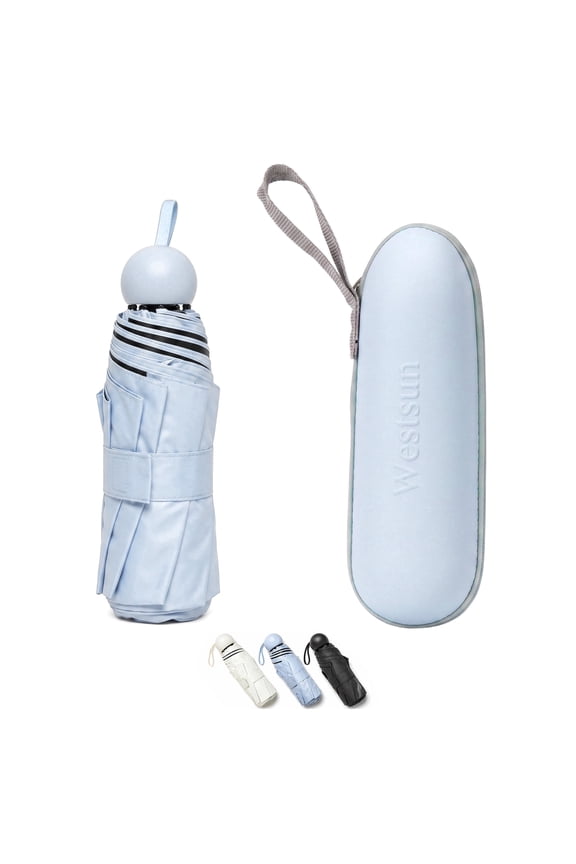 Travel Umbrella with Capsule Case, UPF 50+ UV Protection Lightweight 9oz 5-Fold Windproof Mini Pocket Umbrella (Light Blue)