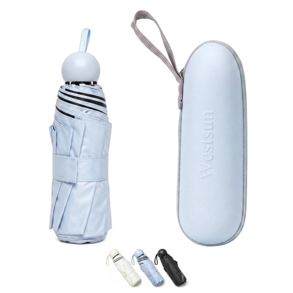Westsun Travel Umbrella with Capsule Case, UPF 50 UV Protection Lightweight 9oz 5-Fold Windproof Mini Pocket Umbrella (Light Blue)