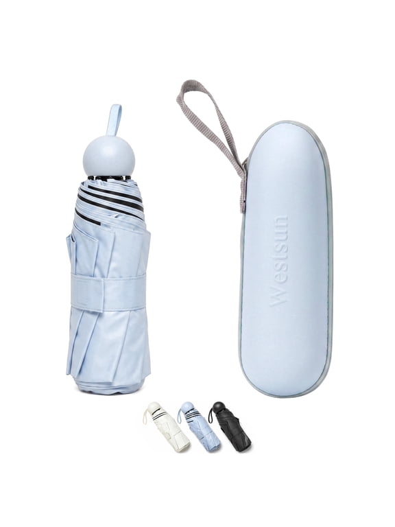 Travel Umbrella with Capsule Case, UPF 50+ UV Protection Lightweight 9oz 5-Fold Windproof Mini Pocket Umbrella (Light Blue)