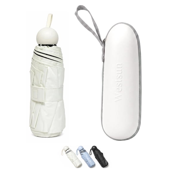 Westsun Travel Umbrella with Capsule Case, UPF 50+ UV Protection Lightweight 9oz 5-Fold Windproof Mini Pocket Umbrella (White)