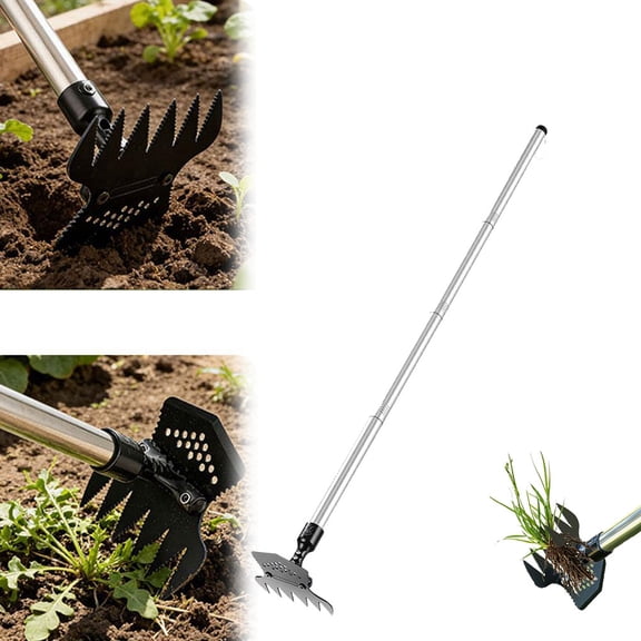 Manual Weeding Tool with Adjustable Long Handle 14 to 40 Inches, 6 Tine Heavy Duty Garden Weed Puller Rake for Lawns and Flower Beds, Removal Tool for Soil Aeration and Yard Maintenance