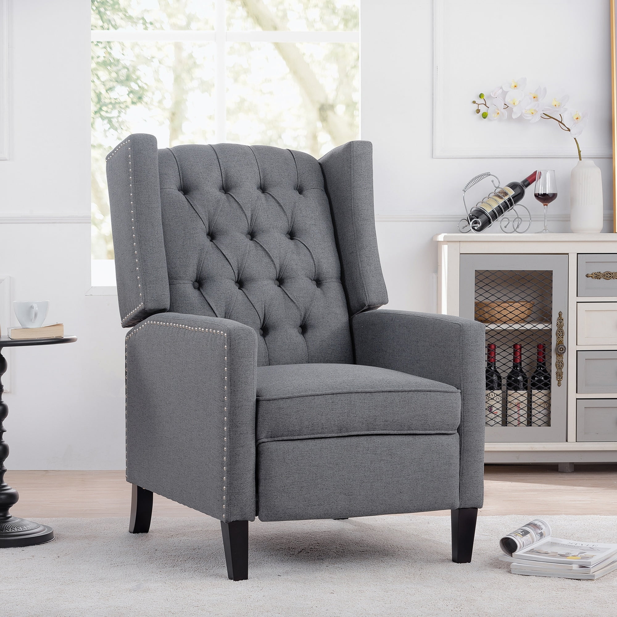 Gray Tufted Wingback Recliner with Manufactured Wood Frame