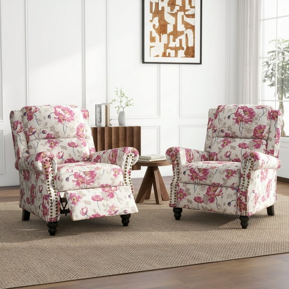 Manual Wingback Recliner Chair Sets of 2 Upholstered Pushback Armchair Home Theater Single Sofa with Trim Wood Legs for Living Room, Flower