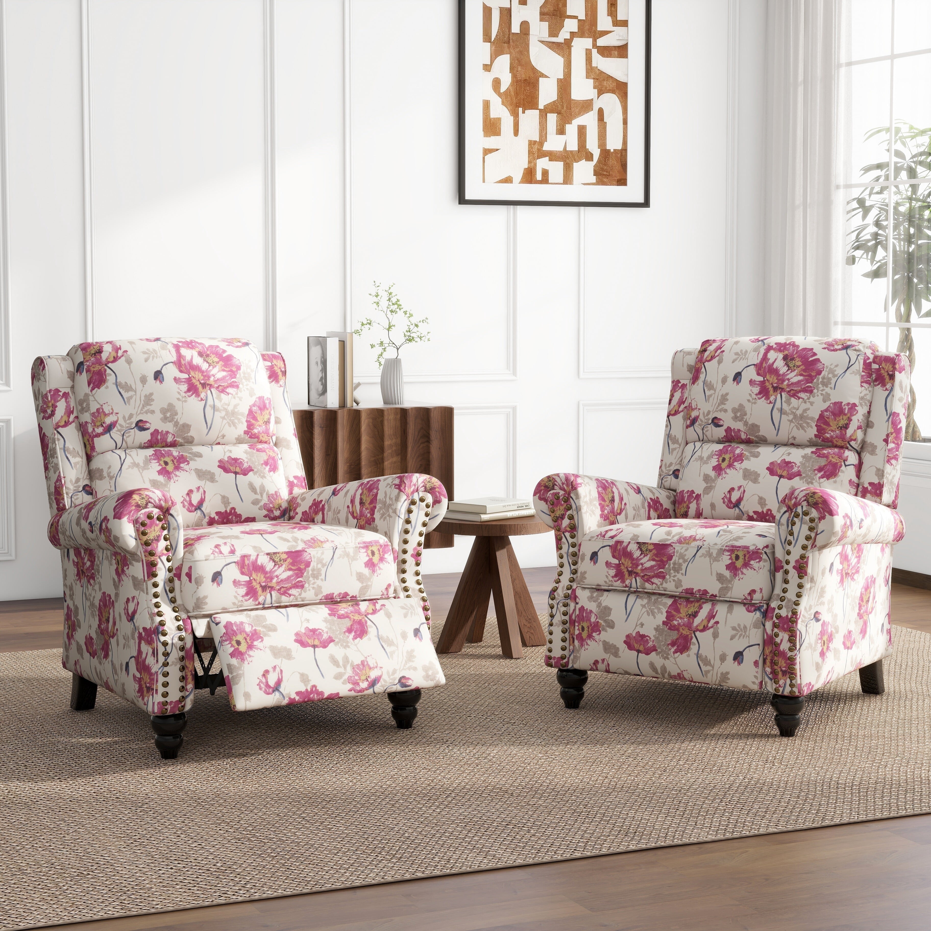 Manual Wingback Recliner Chair Sets of 2 Upholstered Pushback Armchair Home Theater Single Sofa with Trim Wood Legs for Living Room, Flower