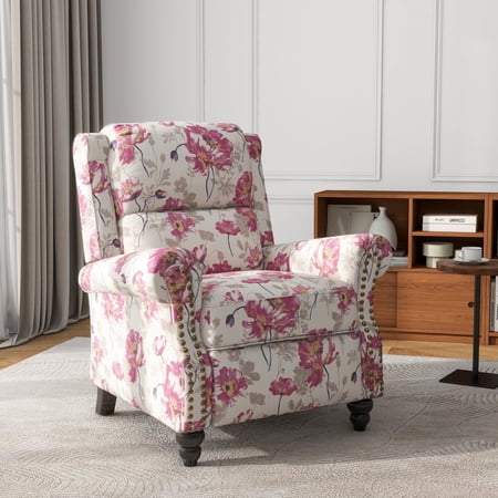 Manual Wingback Recliner Chair Upholstered Pushback Armchair Home Theater Single Sofa with Trim Wood Legs for Living Room, Flower