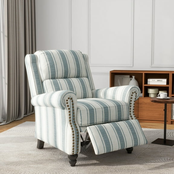 Manual Wingback Recliner Chair Upholstered Pushback Armchair Home Theater Single Sofa with Trim Wood Legs for Living Room,Stripe Blue