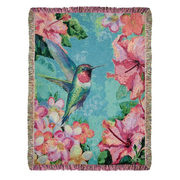 Manual Weavers Rectangular Cotton Tapestry Throw Blanket with Hummingbird Hibiscus Design 50" x 60"