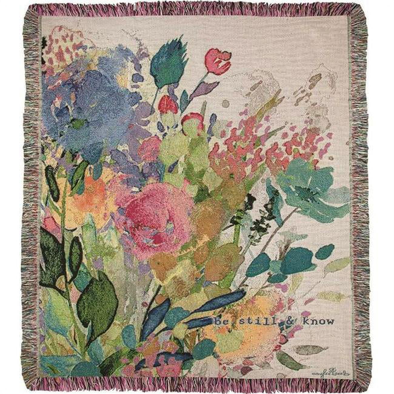 Floral Cotton Tapestry Throw Blanket with Inspirational Text, 50" x 60"