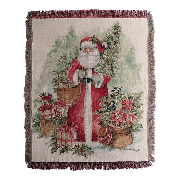 Manual Woodworkers Holly and Pine Santa Cotton Throw, 50x60"