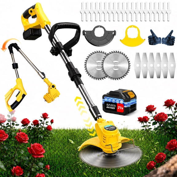 Manual and Electric Cordless Lithium-ion Lawn Trimmer 5200mAh for Lawn and Garden Landscape Maintenance Work (Yellow Trimmer + 1 Battery)